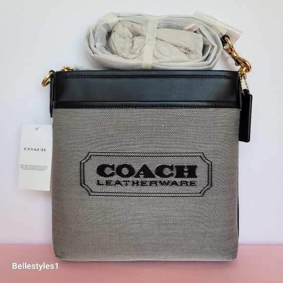 COACH Kitt Badge Jacquard & Smooth Leather Crossbody- Salt Black ⭐ - Picture 1 of 16